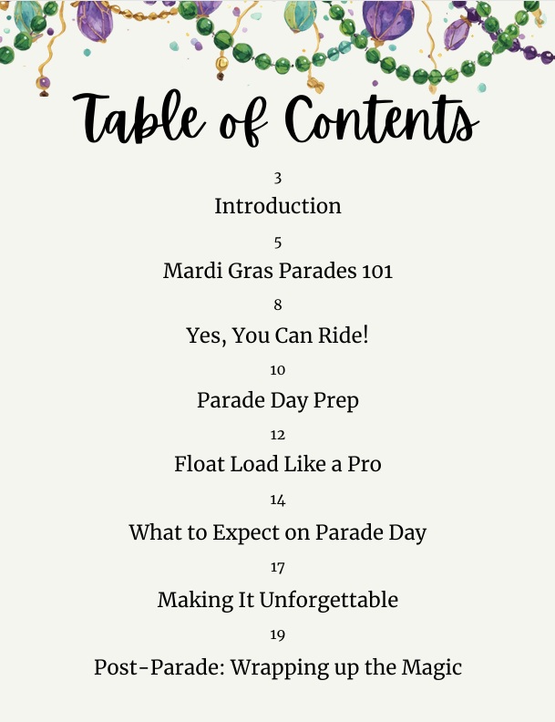 Table of contents page from Float Like a Local insider's guide to riding in Mardi Gras, listing sections like Introduction, Yes You Can Ride!, Parade Day Prep, and Float Load Like a Pro on a clean layout with bead border.